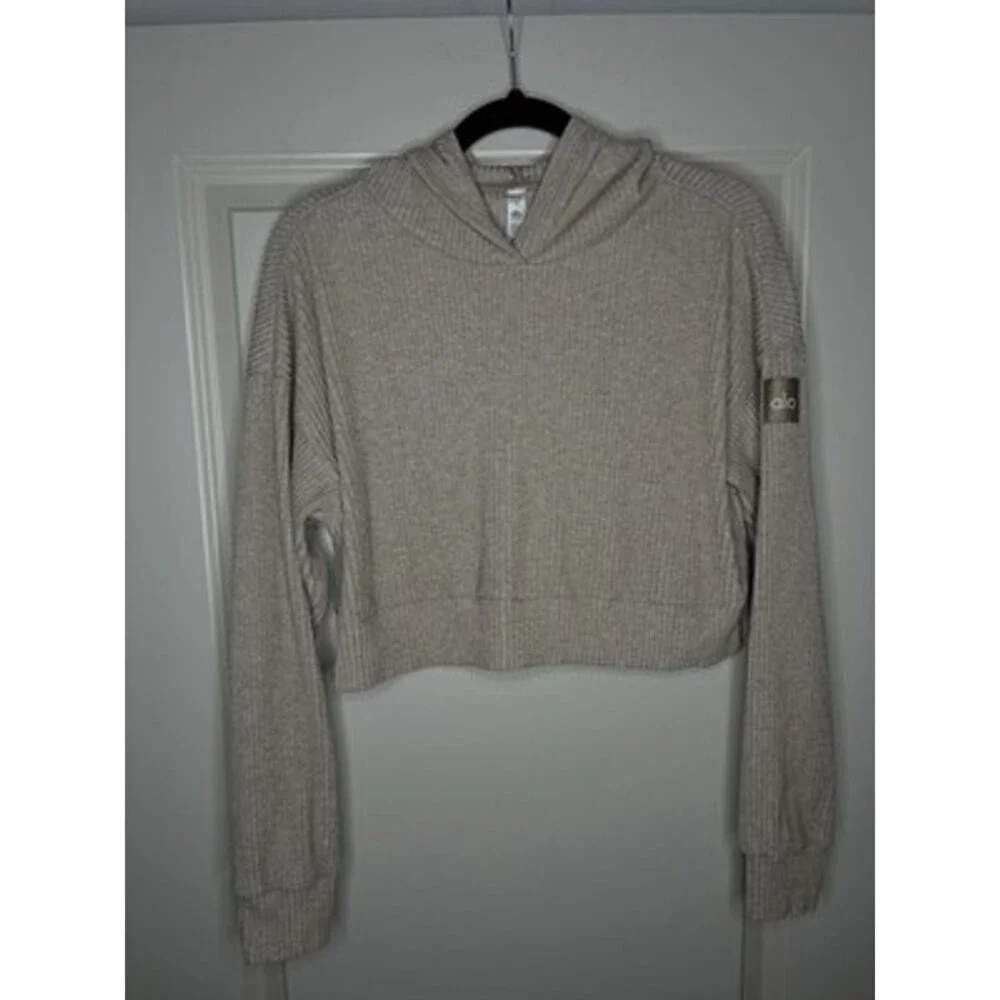 Alo Yoga Muse Hoodie in Gravel Size Small Cropped Ribbed